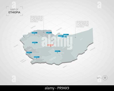 Isometrica, 3D Etiopia mappa. Stilizzata mappa vettoriale illustrazione con città, frontiere, capitale, divisioni amministrative e i contrassegni del puntatore; gradiente backg Illustrazione Vettoriale