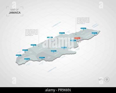 Isometrica, 3D Giamaica mappa. Stilizzata mappa vettoriale illustrazione con città, frontiere, capitale, divisioni amministrative e i contrassegni del puntatore; backgr gradiente Illustrazione Vettoriale