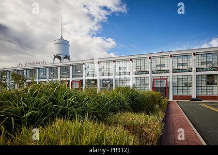 Il Grade ii Listed historic Mersey Match Factory, il Matchworks, ex match factory Speke Road, Garston, Liverpool, in Inghilterra. progettato da Mewès e da Foto Stock