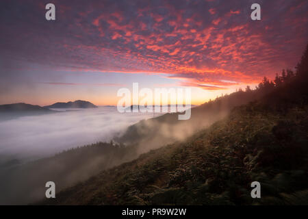 Colorato tramonto su Aramaiona valle sotto la nebbia nella provincia di Alava Foto Stock