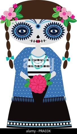 Vettore catrina turchese doll su uno sfondo bianco. Perfetto per la festa di Halloween e del giorno dei morti celebrazioni. Illustrazione Vettoriale