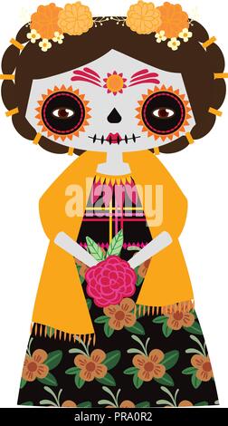 Illustrazione Vettoriale di giallo catrina doll su uno sfondo bianco. Per celebrare il giorno dei morti e Halloween. Uso in scrapbooking, artigianato Illustrazione Vettoriale