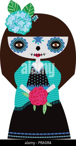 Illustrazione Vettoriale di blu catrina doll su uno sfondo bianco. Per celebrare il giorno dei morti e Halloween. Uso in scrapbooking, artigianato, tessuti Illustrazione Vettoriale