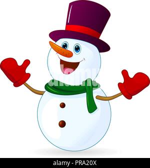 Allegro pupazzo di neve con il cappello sulla testa, su sfondo bianco Illustrazione Vettoriale