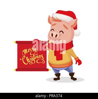 Auguri di Buon Natale. Carino il maiale indossando Santa Claus hat e sciarpa. Allegro divertente personaggio dei fumetti holding scorrere con i messaggi di saluto. Illustrazione Vettoriale. Illustrazione Vettoriale