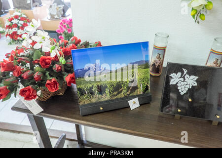 Funeral Parlour,funerale registi,negozi,a,bare,le placche,e,floreali ghirlande,a,Limoux,Francia,francese,l'Europa,europeo, Foto Stock