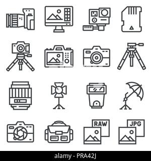La fotografia, attrezzature di post-produzione, le icone di stampa. Treppiede Sacca accessori sd e più Illustrazione Vettoriale