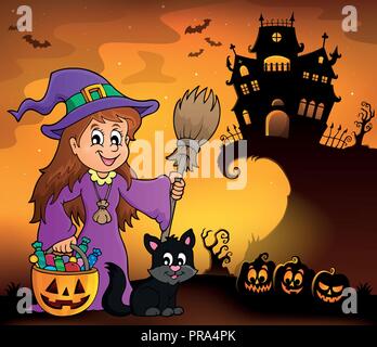 Carino strega e cat Halloween immagine 1 - eps10 illustrazione vettoriale. Illustrazione Vettoriale