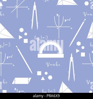 Matematica vettoriale scientifico seamless pattern con geometria tenute, strumenti e formule. Gli elementi dell'istruzione. Bussole, goniometro, matita, grafica Illustrazione Vettoriale