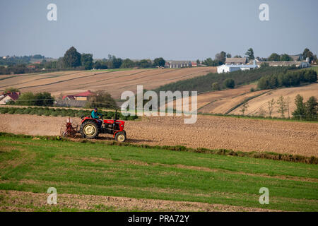 Agricoltore in un trattore lavora su un campo, regione di Swietokrzyskie, Polonia Foto Stock