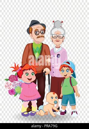 Fumetto illustrazione vettoriale di nonni e nipoti insieme. Nonno e la nonna, nipote, nipote e baby con fiori sul trattore Illustrazione Vettoriale