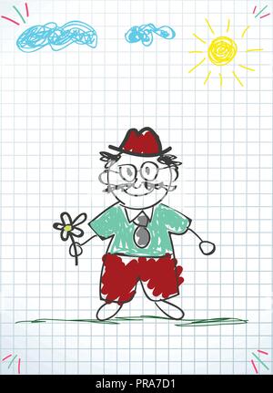 Bambini colorati disegnati a mano doodle illustrazione vettoriale del nonno azienda fiore e sun con le nubi sulla creazione di grafici per notebook squadrato foglio. Grandpar Illustrazione Vettoriale