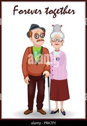 Per sempre insieme biglietto di auguri. Giorno dei Nonni cartoon illustrazione vettoriale della coppia di anziani tenendo le mani. Vecchia donna e uomo vecchio abbraccio. Sensazione h Illustrazione Vettoriale