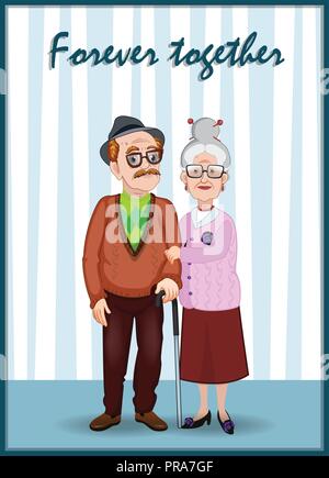 Per sempre insieme biglietto di auguri. Giorno dei Nonni cartoon illustrazione vettoriale della coppia di anziani tenendo le mani. Vecchia donna e uomo vecchio abbraccio. Granddadd Illustrazione Vettoriale