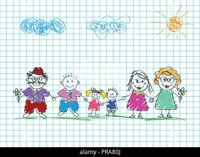 Bambini i disegni della famiglia felice. Matita colorata disegnata a mano illustrazione vettoriale di mamma, papà, nonni e figli tenendo le mani insieme sulla nota squadrato Illustrazione Vettoriale