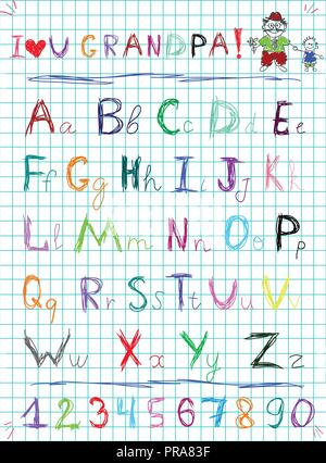 Baby multicolore Bozzetto disegnato a mano doodle alfabeto lettere e numeri sulla squadrato foglio notebook illustrazione vettoriale con ti amo nonno headlin Illustrazione Vettoriale