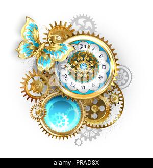 Antico orologio, decorato con un motivo, con farfalla oro e oro e gli ingranaggi in ottone su sfondo bianco. Steampunk. Illustrazione Vettoriale