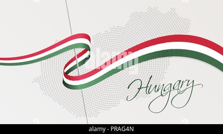 Illustrazione Vettoriale di astratta radiale halftone punteggiata Mappa di Ungheria e nastro ondulato con nazionale ungherese di bandiera dei colori per il tuo design Illustrazione Vettoriale