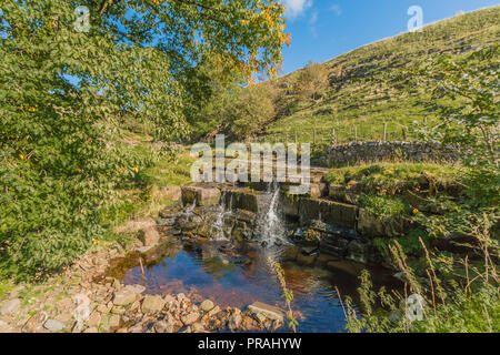 North Pennines AONB Paesaggio, cascata sul Ettersgill Beck, Superiore Teesdale, County Durham Regno Unito in autunno di sole e un cielo blu chiaro Foto Stock