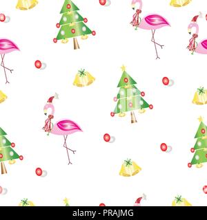 Modello senza soluzione di continuità con i fenicotteri rosa di natale e albero di Natale - Festa di vettore a tema Illustrazione Vettoriale