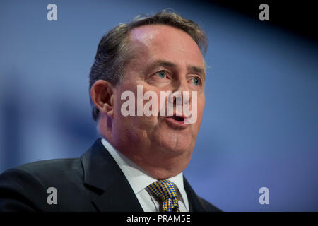 Birmingham, Regno Unito. Il 30 settembre 2018. Liam Fox, segretario di Stato per il commercio internazionale e il presidente del consiglio di amministrazione del commercio e conservatore MP per North Somerset, parla al congresso del Partito Conservatore di Birmingham. © Russell Hart/Alamy Live News. Foto Stock