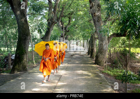 I monaci con elemosinare bocce sotto abiti dello zafferano uscire la mattina a ovest del Vietnam Foto Stock
