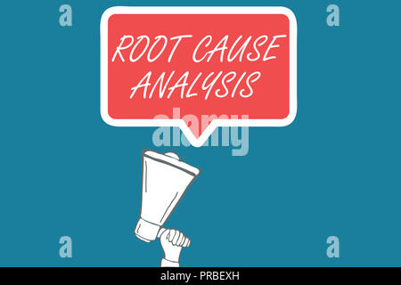 Testo della scrittura Root Cause Analysis. Concetto significato Metodo di Problem Solving identificare il guasto o problema. Foto Stock