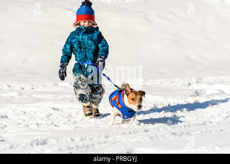 Cane sulla cintura in esecuzione guinzaglio giocando con il bambino sulla neve Foto Stock