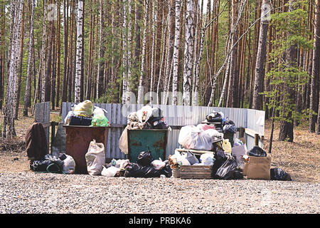 Lettiera piena di spazzatura in foresta. Concetto di ecologia problema. Tonica Foto Stock