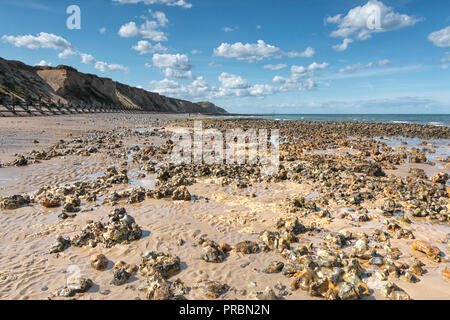 Pennelli in legno e revetments, fatiscente sulla West Runton Beach, North Norfolk. Foto Stock