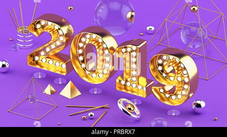 2019 Felice Anno Nuovo closeup isometrica 3D INSTALLAZIONE CON 2019 i numeri su sfondo a raggi ultravioletti. Foto Stock