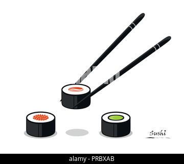 Sushi colorati diversi tipi con bacchette isolato su uno sfondo bianco illustrazione vettoriale EPS10 Illustrazione Vettoriale