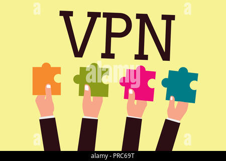 La scrittura della nota mostra VPN. Business photo vetrina reindirizza la connessione a Internet attraverso il server configurato. Foto Stock