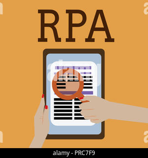 Parola di scrittura di testo RPA. Il concetto di business per l'uso del software con intelligenza artificiale per eseguire attività di base. Foto Stock