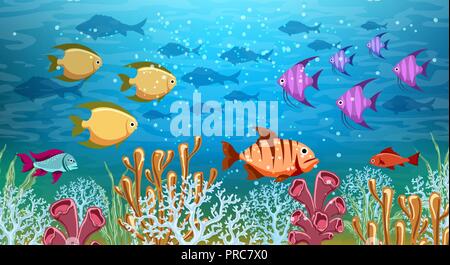 Panorama subacqueo. Mare sotto acqua di vita, cartoon ocean nuoto pesci, coralli profondi reef e sabbia panoramica illustrazione vettoriale sfondo Illustrazione Vettoriale