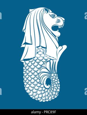 Statua Merlion. Singapore landmark simbolo scultura isolata su sfondo blu illustrazione vettoriale Illustrazione Vettoriale