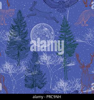 Foresta invernale seamless pattern. Luna piena, pino, abete, fox, la lepre, il capriolo, il gufo, fiocchi di neve su uno sfondo blu. Vintage stile di incisione illustrazione vettoriale. Natale e Capodanno vacanze, natura. Illustrazione Vettoriale