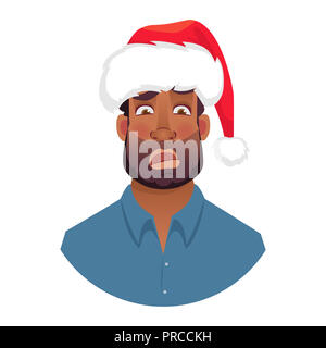 L'uomo africano in un berretto di Babbo Natale. Ritratto di African American l'uomo. African American uomo faccia espressione. Le emozioni umane icona. Set di cartoon illustra Foto Stock