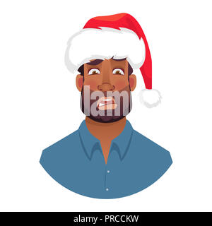 L'uomo africano in un berretto di Babbo Natale. Ritratto di African American l'uomo. African American uomo faccia espressione. Le emozioni umane icona. Set di cartoon illustra Foto Stock