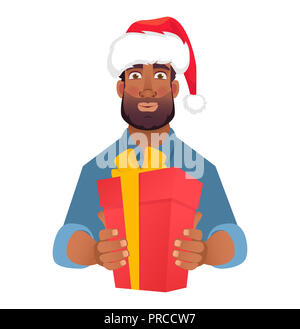 Imprenditore della Santa Claus hat. L'uomo africano tenendo presente rosso scatola. Mani confezione regalo con archetto Foto Stock