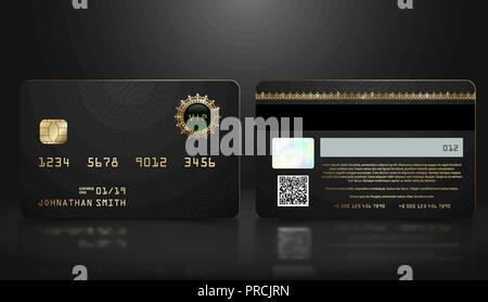 Vettore nero realistico carta di credito con geometrica astratta sfondo. Elemento d'oro carta di credito design scuro modello. Presentazione della banca Illustrazione Vettoriale
