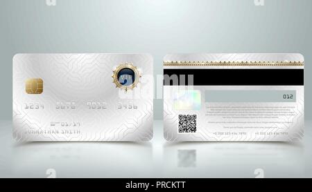 Vettore d'argento realistica carta di credito con geometrica astratta sfondo. Elemento d'oro carta di credito design metallico modello. Presentazione della banca Illustrazione Vettoriale