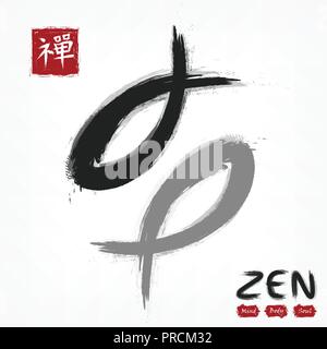 Yin Yang koi . Carp pesca . Sumi e stile di inchiostro e la pittura ad acquerello design . Rettangolo rosso timbro con la calligrafia kanji ( Cinese . Il giapponese ) alphabe Illustrazione Vettoriale