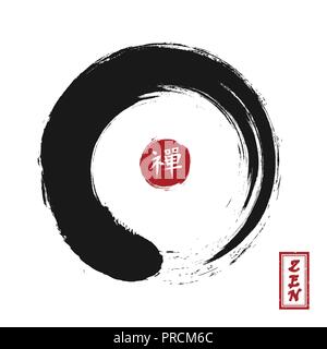 Enso zen stile cerchio . Sumi e design . Colore nero . Rosso timbro circolare e calligrafia kanji ( Cinese . ) Giapponese Traduzione alfabeto significato zen Illustrazione Vettoriale