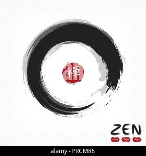Enso zen stile cerchio . Sumi e design . Nero Grigio colore sovrapposizione . Rosso timbro circolare con la calligrafia kanji ( Cinese . Il giapponese ) translati alfabeto Illustrazione Vettoriale
