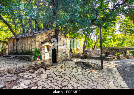 Agia Theodora chiesa nel Peloponneso Isaris, Grecia. Sul tetto della chiesa sono cresciuti alberi giganti senza radici all'interno. Foto Stock