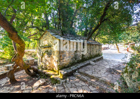 Agia Theodora chiesa nel Peloponneso Isaris, Grecia. Sul tetto della chiesa sono cresciuti alberi giganti senza radici all'interno. Foto Stock