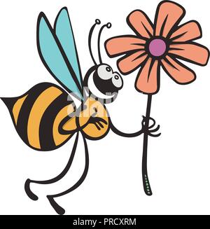 Bee cartoon volare mentre che trasportano fiori. illustrazione vettoriale Illustrazione Vettoriale