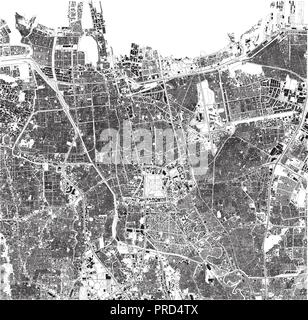 Mappa di Jakarta, Indonesia, vista satellitare, bianco e nero mappa. Directory di strada e mappa della città Illustrazione Vettoriale