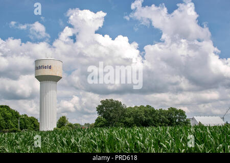 Water Tower in un cornfield sulla storica Route 66, Litchfield, Illinois, Stati Uniti d'America Foto Stock